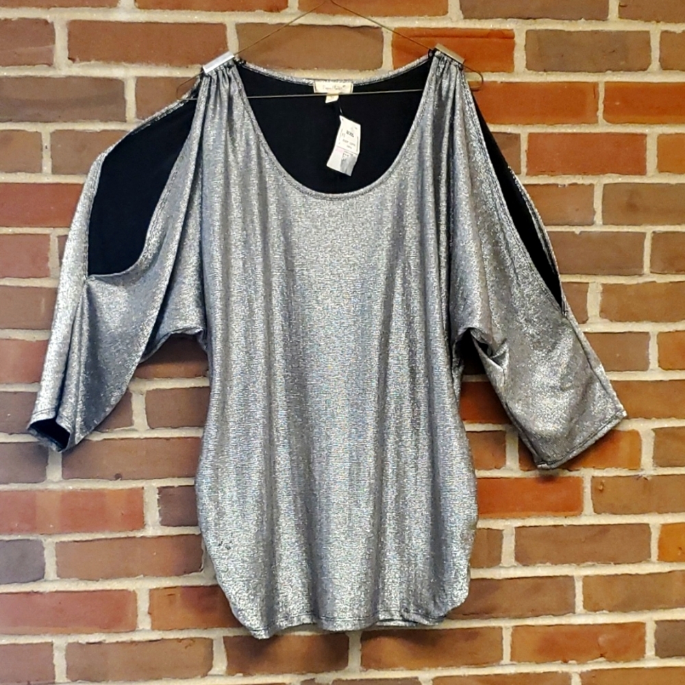 Paper Planes silver metallic cold shoulder top